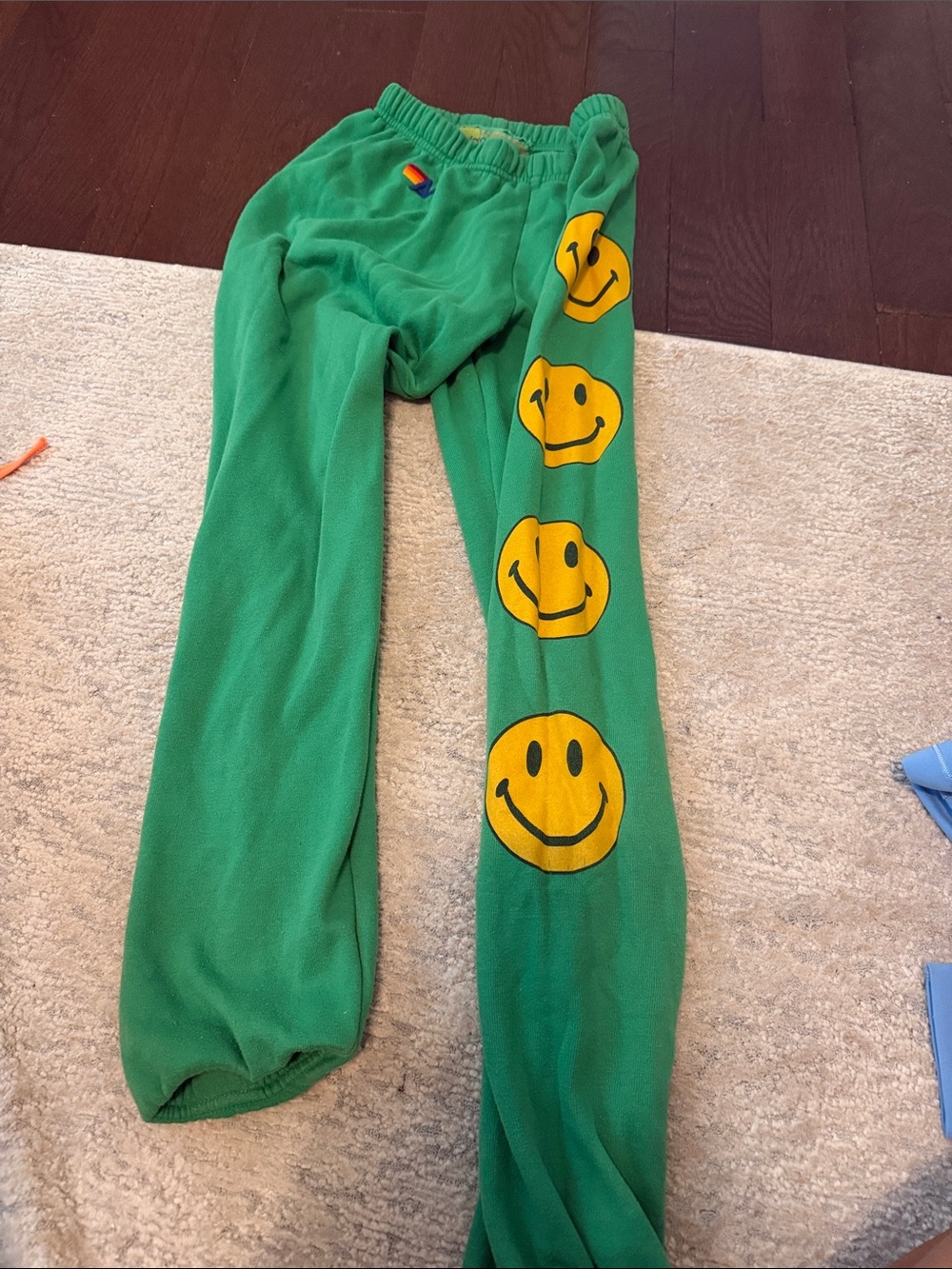 Aviator Nation Green Track Pants with Yellow Smiley Faces